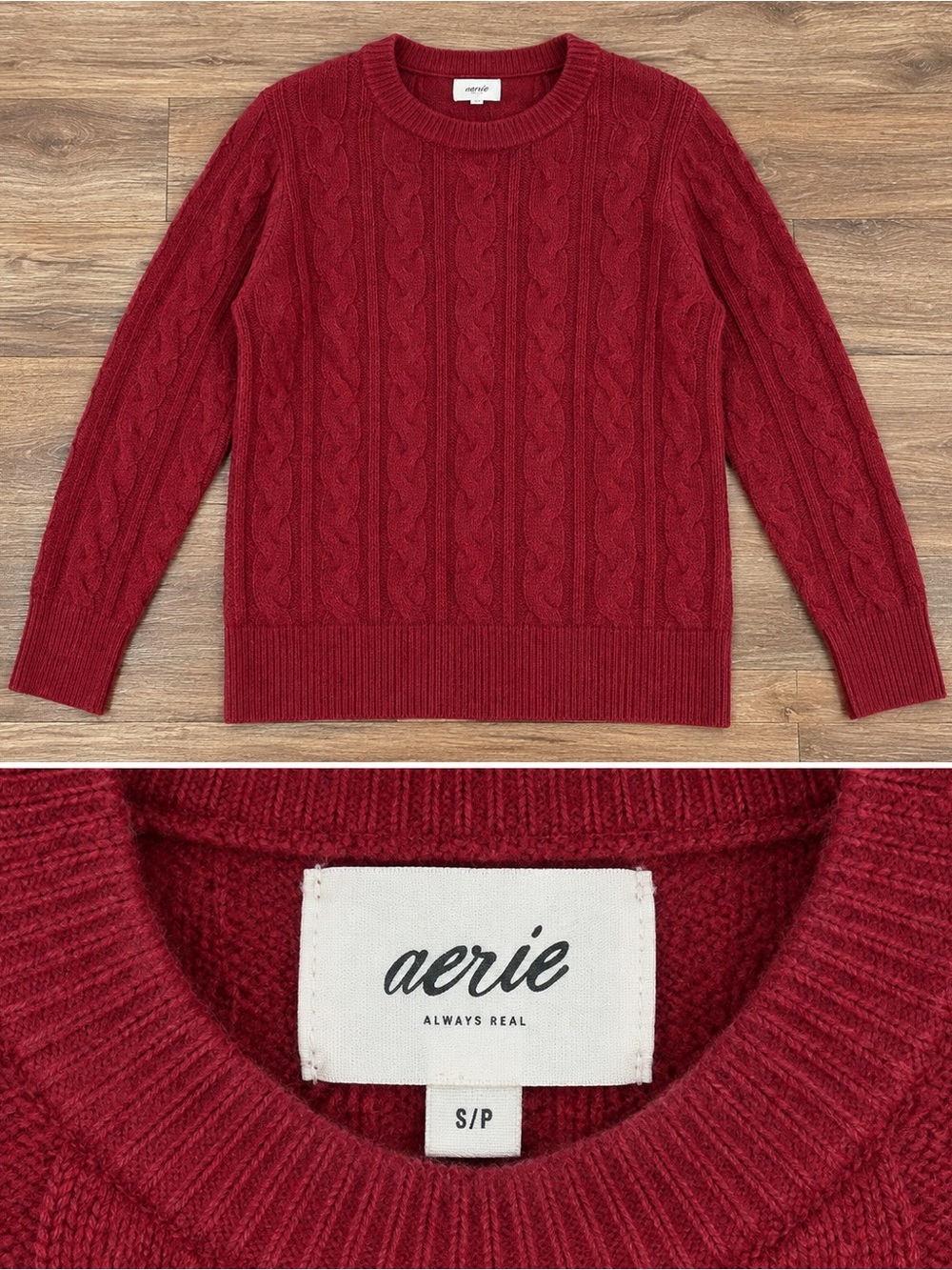 aerie Women's Deep Red Cable Knit Crewneck Sweater